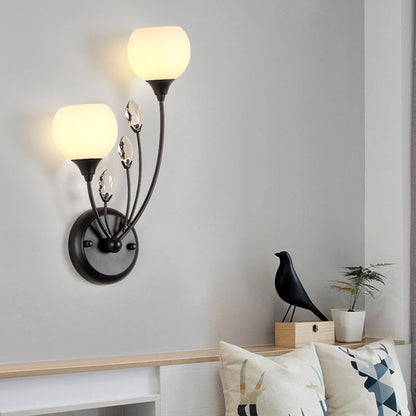 Traditional Farmhouse Glass Crystal Iron Round Leaf 1/2-Light Wall Sconce Lamp For Bedroom And Living Room