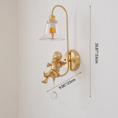 Contemporary Scandinavian Brass Glass Resin Angel Round 1-Light Wall Sconce Lamp For Bedroom And Living Room