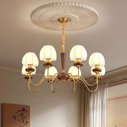 Traditional French Fabric Wood Iron Curved Branch 3/6/8 Lights Chandelier For Bedroom And Living Room