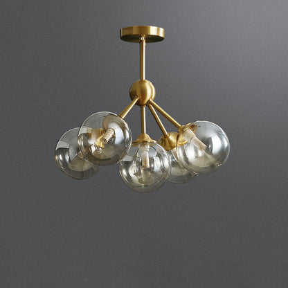 Contemporary Scandinavian Brass Glass Branching Globe 3/5 Lights Semi-Flush Mount Ceiling Light For Bedroom And Living Room