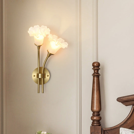 Traditional French Glass Brass Floral Round 2-Light Wall Sconce Lamp For Bedroom & Living Room