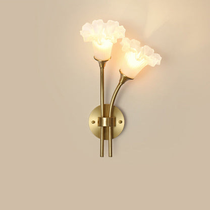 Traditional French Glass Brass Floral Round 2-Light Wall Sconce Lamp For Bedroom & Living Room