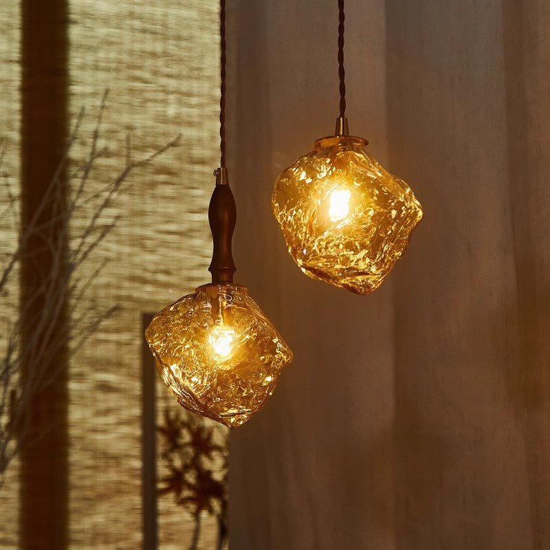 Contemporary Creative Glass Wood Iron Irregular Stone 1-Light Pendant Light For Bedroom & Living Room