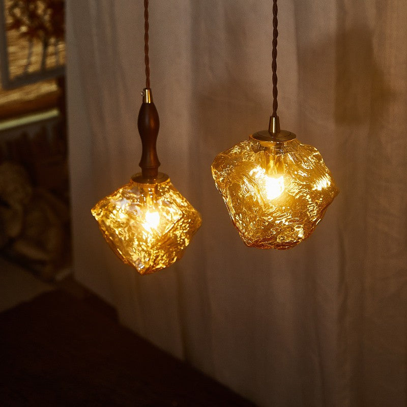Contemporary Creative Glass Wood Iron Irregular Stone 1-Light Pendant Light For Bedroom & Living Room