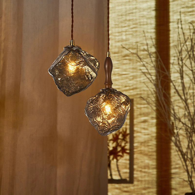 Contemporary Creative Glass Wood Iron Irregular Stone 1-Light Pendant Light For Bedroom & Living Room