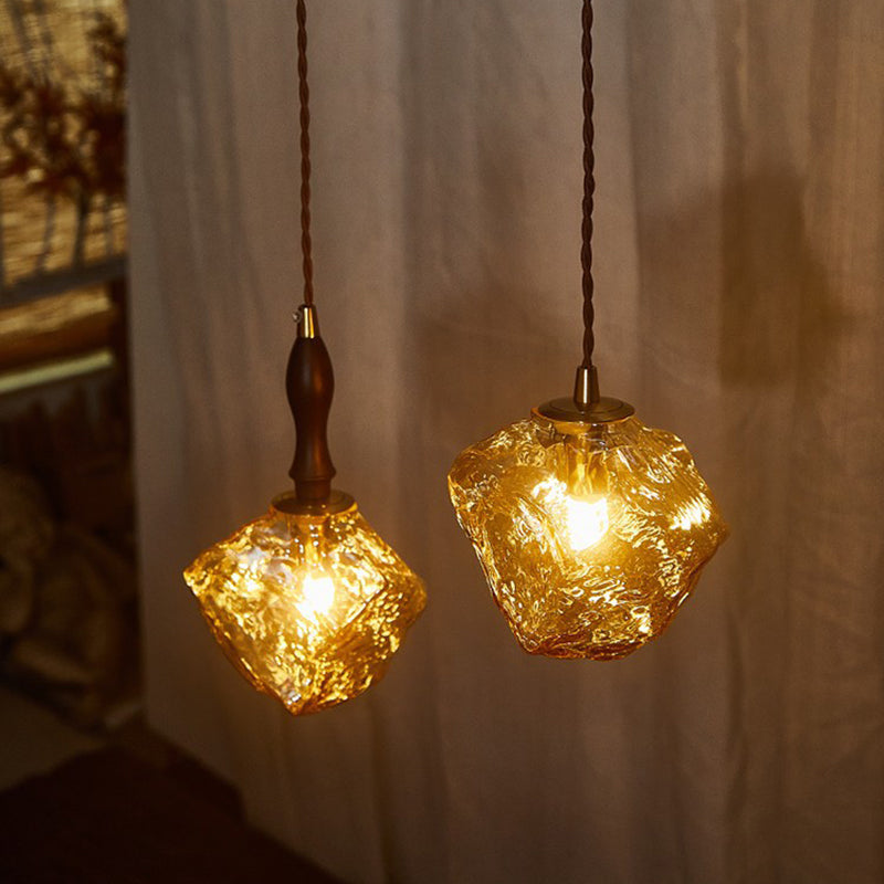 Contemporary Creative Glass Wood Iron Irregular Stone 1-Light Pendant Light For Bedroom & Living Room