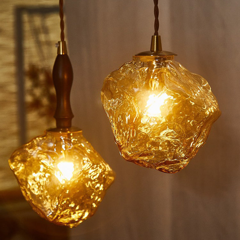 Contemporary Creative Glass Wood Iron Irregular Stone 1-Light Pendant Light For Bedroom & Living Room