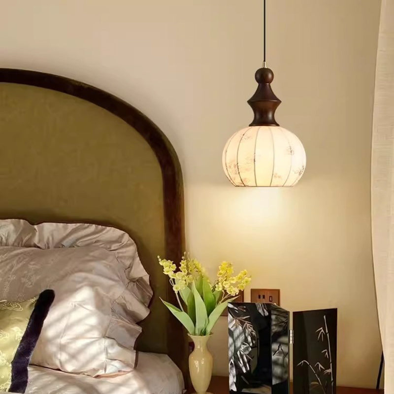 Traditional Vintage Silk Fabric Solid Wood Metal Round Pendant Light 1-Light For Bedroom & Living Room