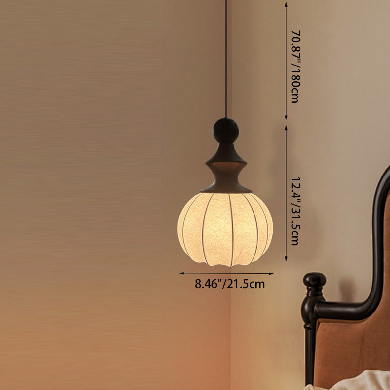 Traditional Vintage Silk Fabric Solid Wood Metal Round Pendant Light 1-Light For Bedroom & Living Room