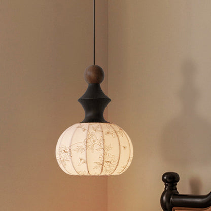 Traditional Vintage Silk Fabric Solid Wood Metal Round Pendant Light 1-Light For Bedroom & Living Room