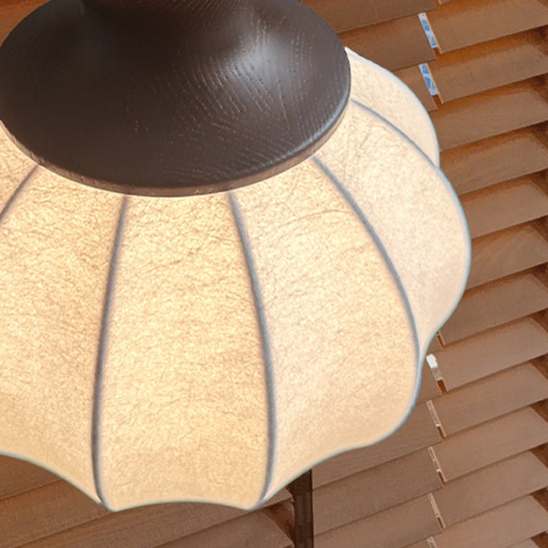 Traditional Vintage Silk Fabric Solid Wood Metal Round Pendant Light 1-Light For Bedroom & Living Room