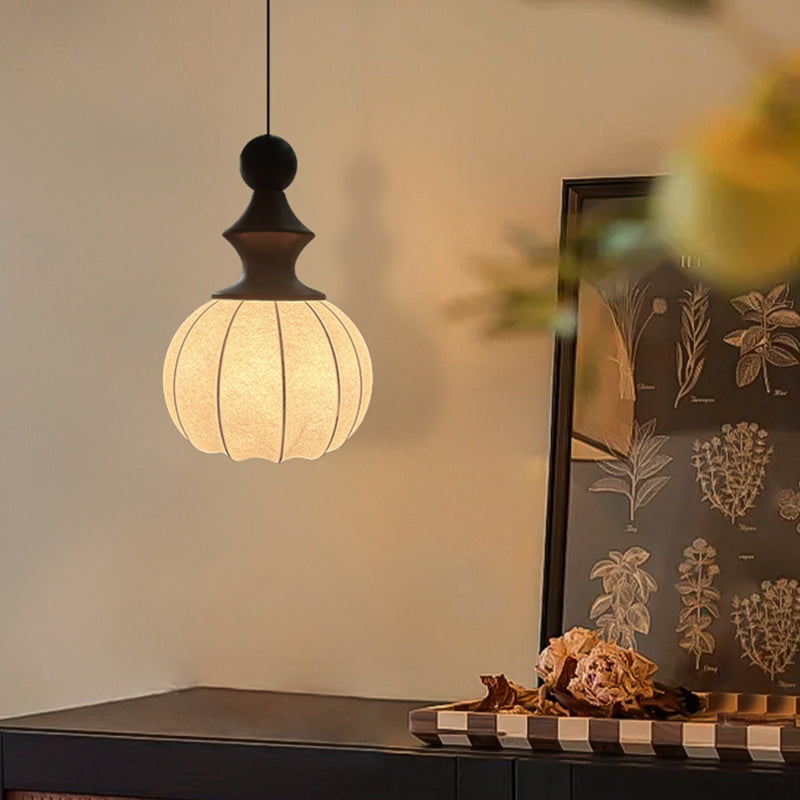 Traditional Vintage Silk Fabric Solid Wood Metal Round Pendant Light 1-Light For Bedroom & Living Room