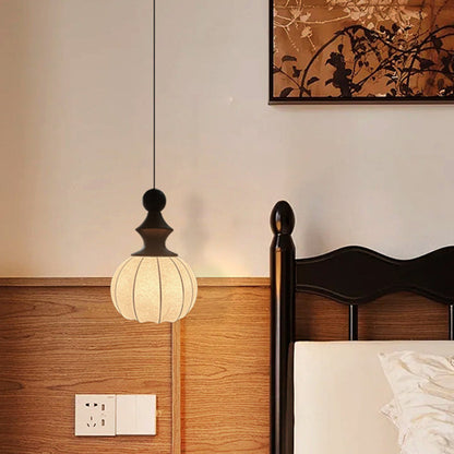 Traditional Vintage Silk Fabric Solid Wood Metal Round Pendant Light 1-Light For Bedroom & Living Room