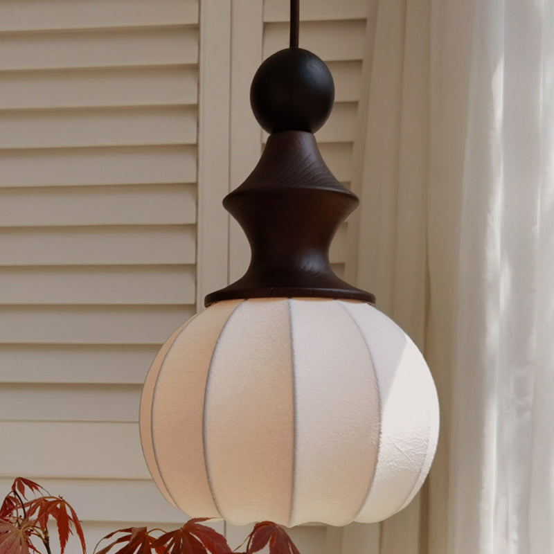 Traditional Vintage Silk Fabric Solid Wood Metal Round Pendant Light 1-Light For Bedroom & Living Room