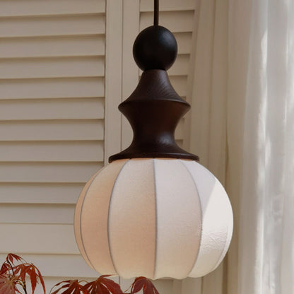 Traditional Vintage Silk Fabric Solid Wood Metal Round Pendant Light 1-Light For Bedroom & Living Room
