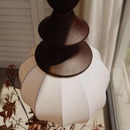 Traditional Vintage Silk Fabric Solid Wood Metal Round Pendant Light 1-Light For Bedroom & Living Room