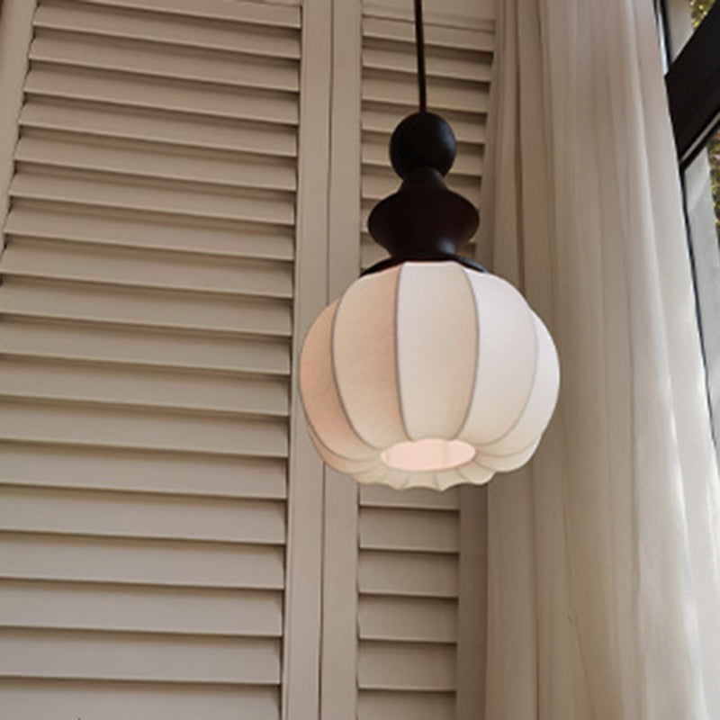 Traditional Vintage Silk Fabric Solid Wood Metal Round Pendant Light 1-Light For Bedroom & Living Room