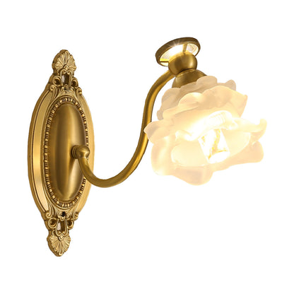 Traditional French Glass Faux Pearl Brass Floral Oval Curved 1-Light Wall Sconce Lamp For Bedroom & Living Room