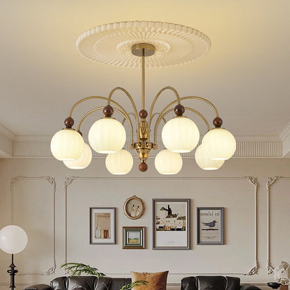Traditional Chinese Glass Solid Wood Iron Copper Branching Round Curved 3/6/8-Light Chandelier For Bedroom & Living Room