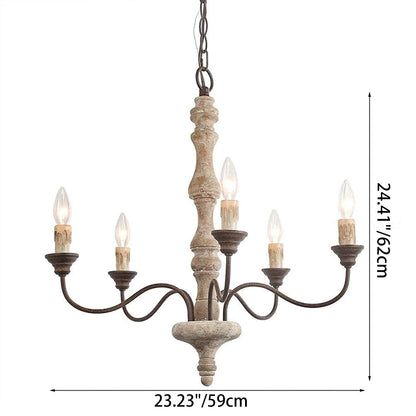 Traditional Farmhouse Wood Iron Curved Branch Round 5-Light Chandelier For Living Room Dining Room