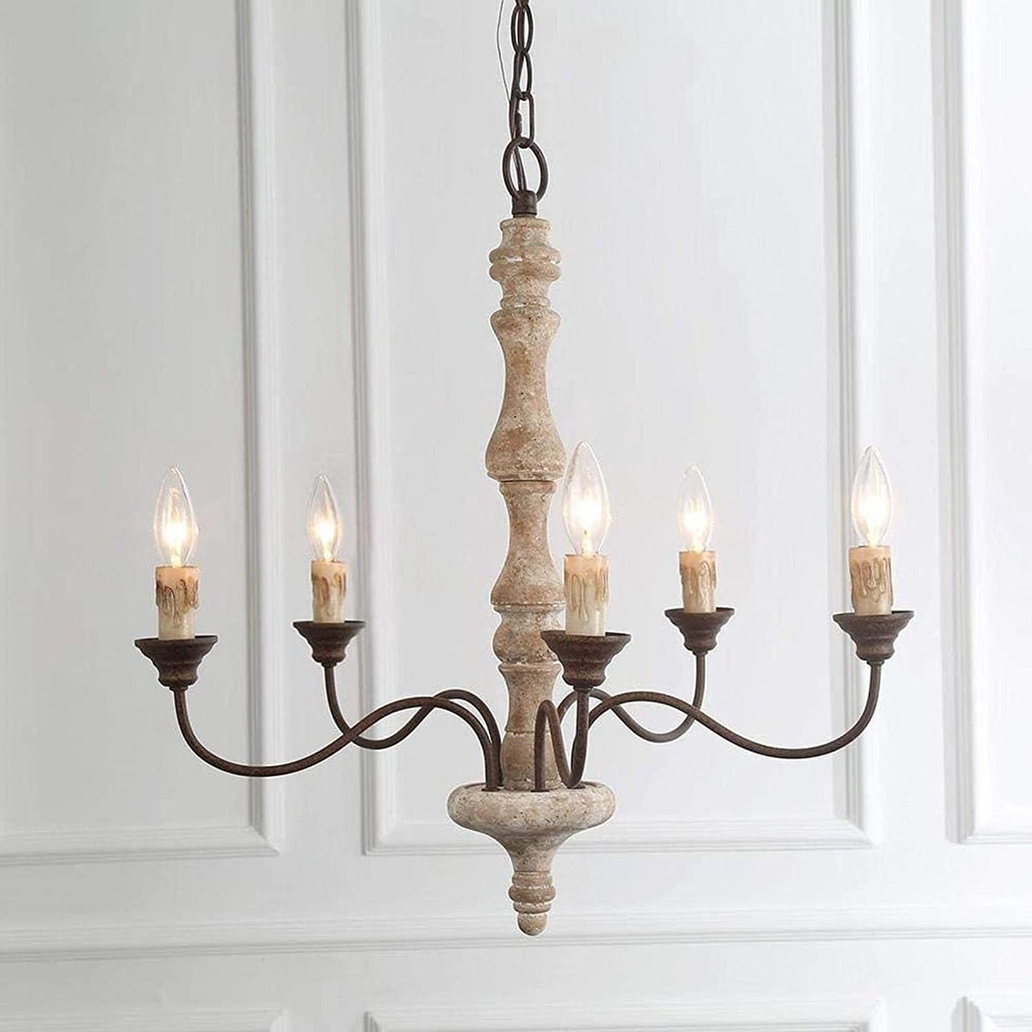 Traditional Farmhouse Wood Iron Curved Branch Round 5-Light Chandelier For Living Room Dining Room