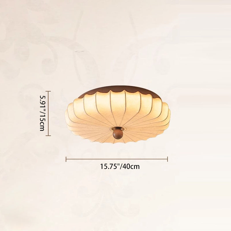 Traditional Chinese Fabric Ash Wood Ruffled Flat Round LED Flush Mount Ceiling Light For Bedroom & Living Room