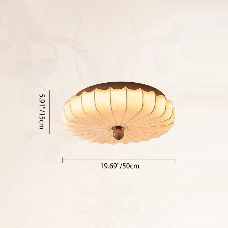 Traditional Chinese Fabric Ash Wood Ruffled Flat Round LED Flush Mount Ceiling Light For Bedroom & Living Room