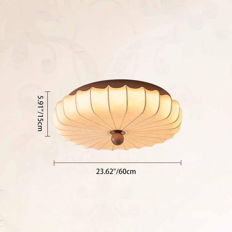 Traditional Chinese Fabric Ash Wood Ruffled Flat Round LED Flush Mount Ceiling Light For Bedroom & Living Room