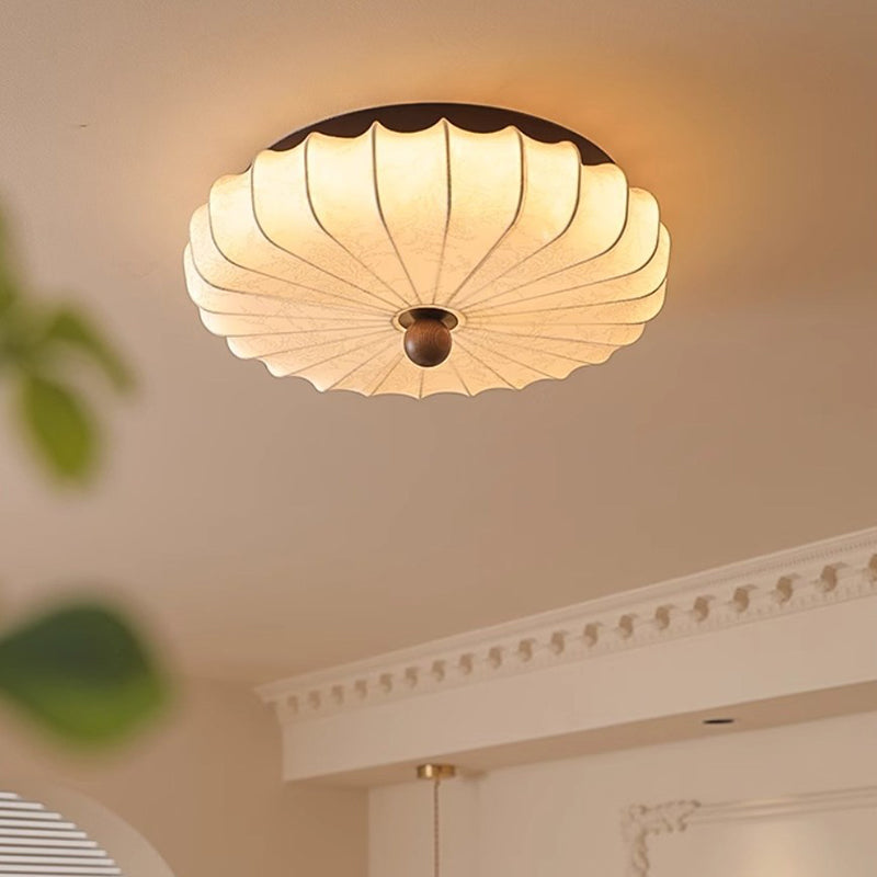 Traditional Chinese Fabric Ash Wood Ruffled Flat Round LED Flush Mount Ceiling Light For Bedroom & Living Room
