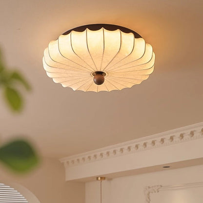 Traditional Chinese Fabric Ash Wood Ruffled Flat Round LED Flush Mount Ceiling Light For Bedroom & Living Room