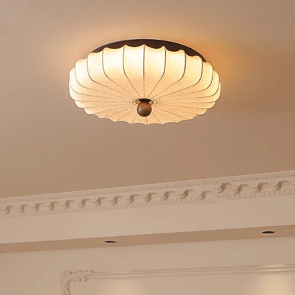 Traditional Chinese Fabric Ash Wood Ruffled Flat Round LED Flush Mount Ceiling Light For Bedroom & Living Room