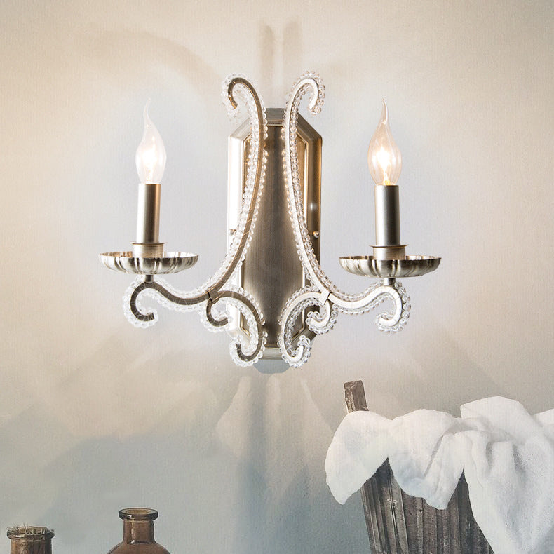 Traditional Farmhouse Crystal Iron Curved Candle 1/2-Light Wall Sconce Lamp For Bedroom & Living Room