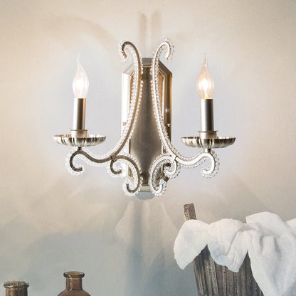 Traditional Farmhouse Crystal Iron Curved Candle 1/2-Light Wall Sconce Lamp For Bedroom & Living Room