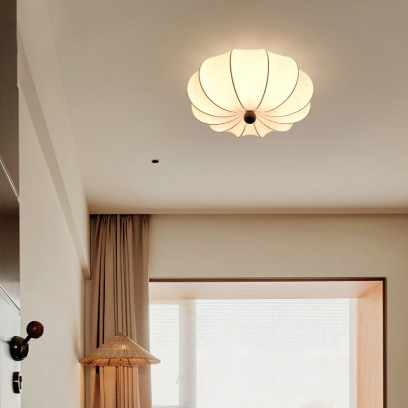 Traditional Chinese Silk Wood Pumpkin-Shaped LED Flush Mount Ceiling Light For Bedroom & Living Room