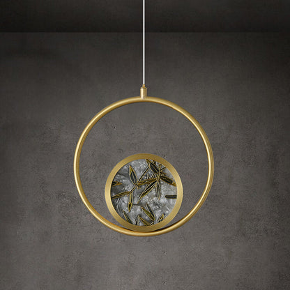 Traditional Chinese Glass & Brass Round Leaf Pattern LED Pendant Light For Bedroom & Living Room