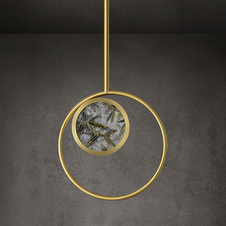 Traditional Chinese Glass & Brass Round Leaf Pattern LED Pendant Light For Bedroom & Living Room