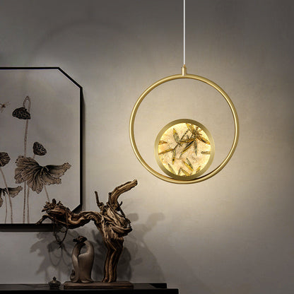Traditional Chinese Glass & Brass Round Leaf Pattern LED Pendant Light For Bedroom & Living Room