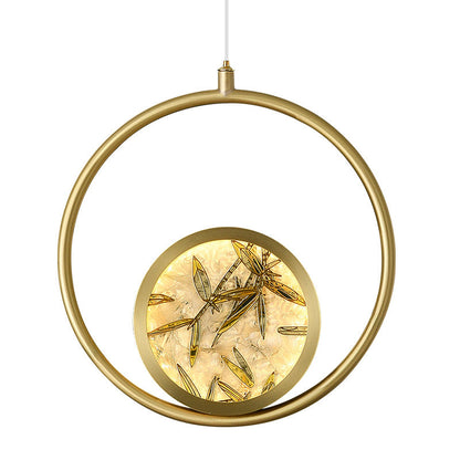 Traditional Chinese Glass & Brass Round Leaf Pattern LED Pendant Light For Bedroom & Living Room