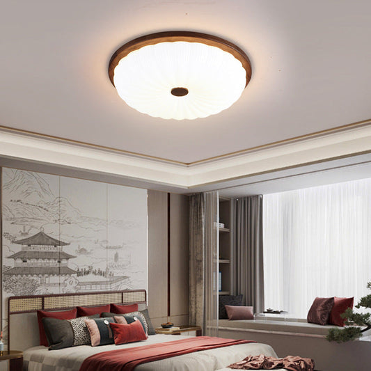 Traditional Vintage Acrylic Walnut Striped Round LED Flush Mount Ceiling Light For Bedroom & Living Room