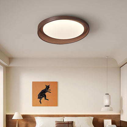Traditional Vintage Rubber Wood PE Round LED Flush Mount Ceiling Light For Bedroom & Living