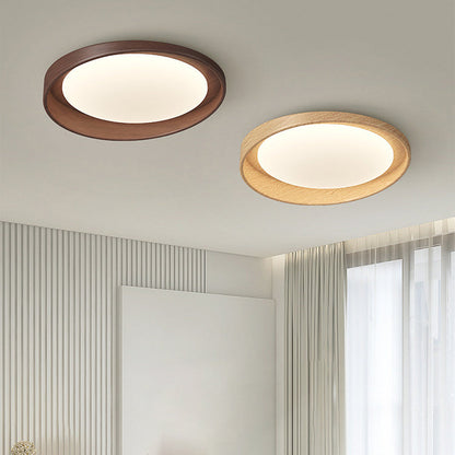 Traditional Vintage Rubber Wood PE Round LED Flush Mount Ceiling Light For Bedroom & Living