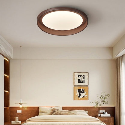 Traditional Vintage Rubber Wood PE Round LED Flush Mount Ceiling Light For Bedroom & Living