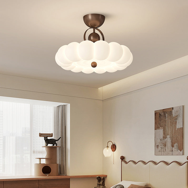 Modern Art Deco PE Iron Bubble Feather Round LED Semi-Flush Mount Ceiling Light For Bedroom & Living Room