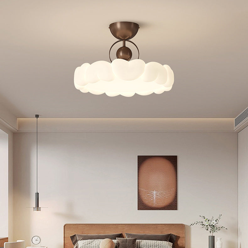 Modern Art Deco PE Iron Bubble Feather Round LED Semi-Flush Mount Ceiling Light For Bedroom & Living Room