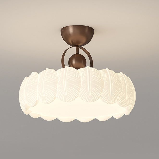 Modern Art Deco PE Iron Bubble Feather Round LED Semi-Flush Mount Ceiling Light For Bedroom & Living Room