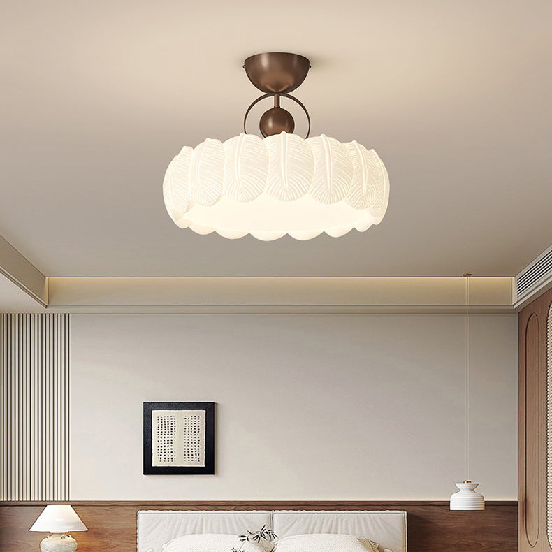 Modern Art Deco PE Iron Bubble Feather Round LED Semi-Flush Mount Ceiling Light For Bedroom & Living Room