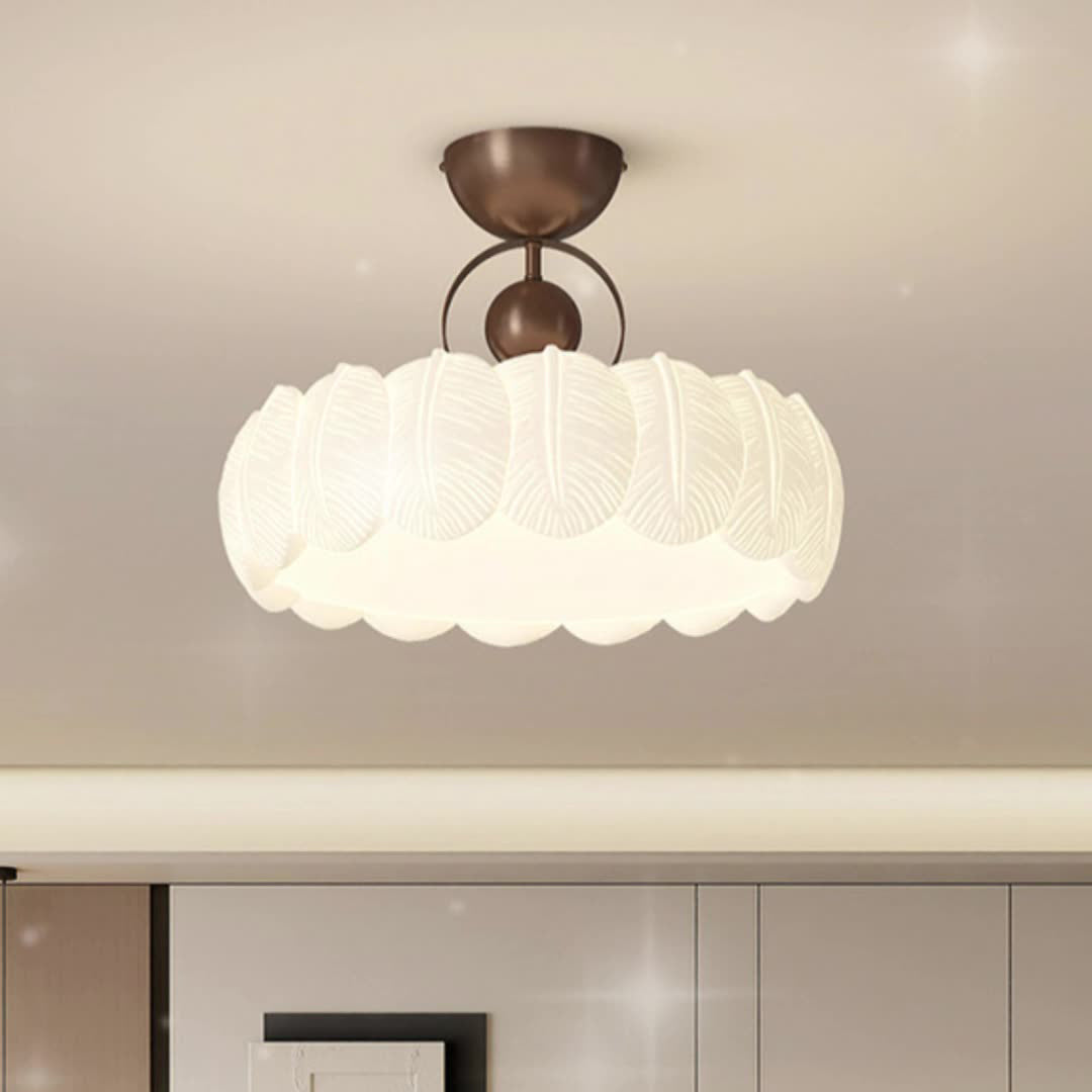 Modern Art Deco PE Iron Bubble Feather Round LED Semi-Flush Mount Ceiling Light For Bedroom & Living Room