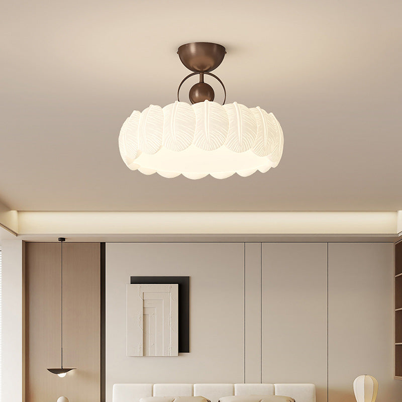 Modern Art Deco PE Iron Bubble Feather Round LED Semi-Flush Mount Ceiling Light For Bedroom & Living Room