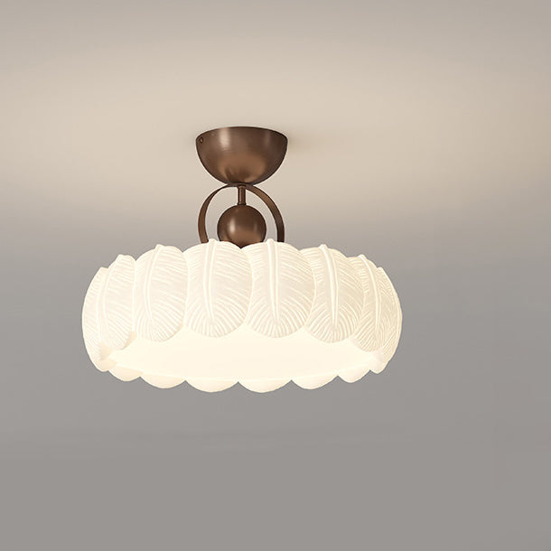 Modern Art Deco PE Iron Bubble Feather Round LED Semi-Flush Mount Ceiling Light For Bedroom & Living Room