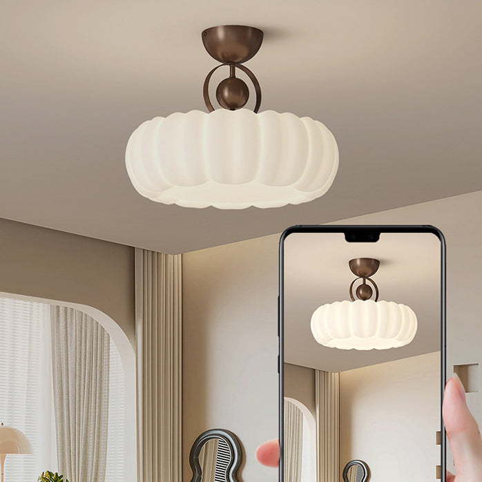 Modern Art Deco PE Iron Bubble Feather Round LED Semi-Flush Mount Ceiling Light For Bedroom & Living Room
